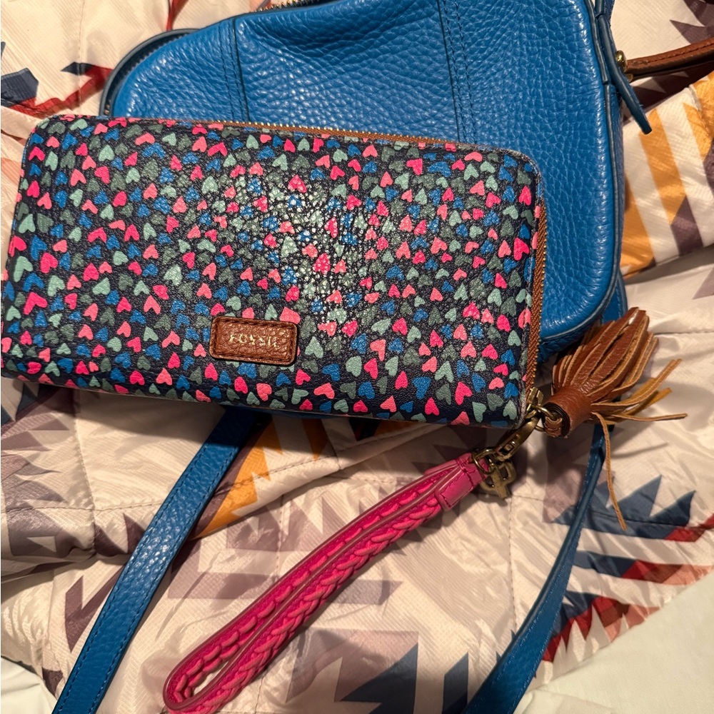 Fossil Blue crossbody and Pink Patterned Wristlet Set